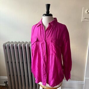 90s 100% Silk Shirt Womens Oversize Medium Pink Long Sleeve Button-Up